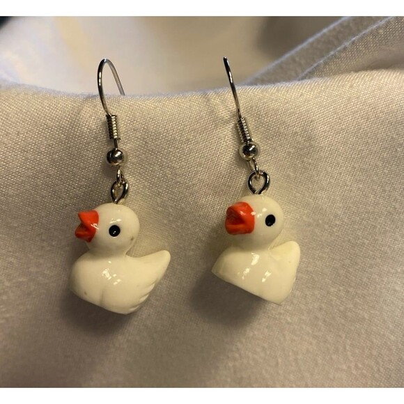 Earrings Baby Duck White Whimsical Dangle Quack Duckling Playful Fun Bird - Picture 2 of 8